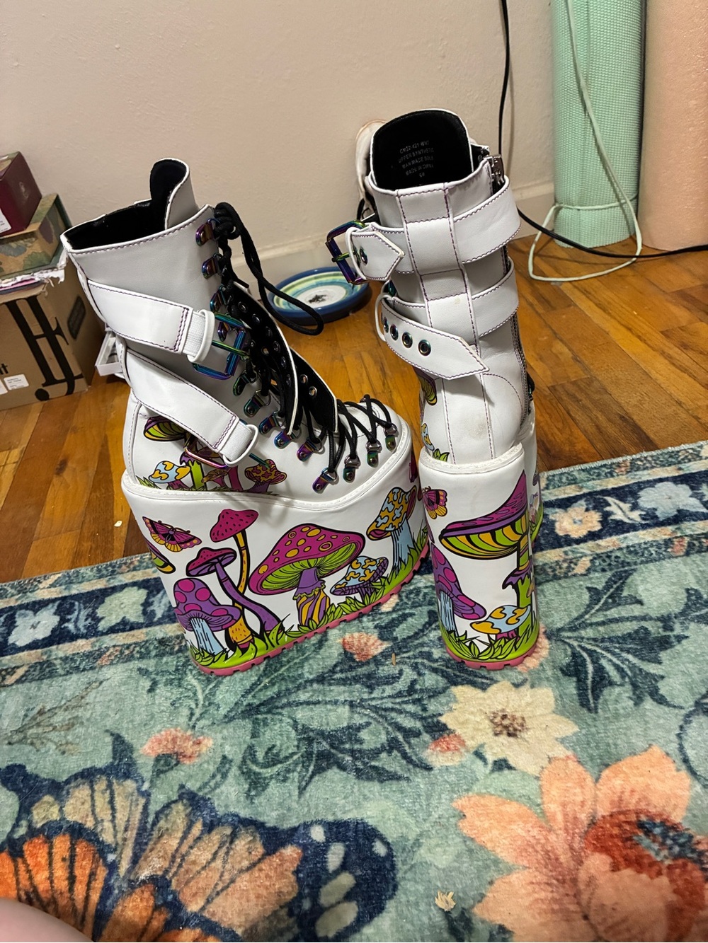 Dolls Kill White Platform Lace-Up Boots with Pink & Yellow Mushroom Print - Picture 2 of 5